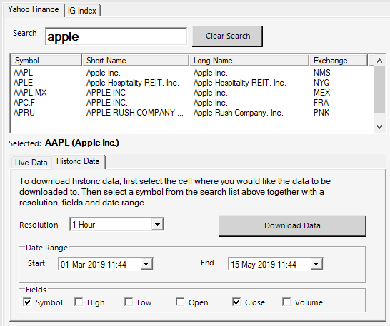 screenshot of Excel Price Feed